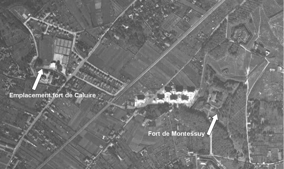 Le fort de Montessuy à droite en 1938. Les premiers immeubles sont sortis de terre, et le fort de Caluire a déja laissé place au terrain de sports.