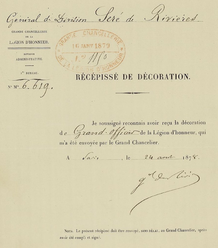 R&eacute;c&eacute;piss&eacute; sign&eacute; de la main de S&eacute;r&eacute; de Rivi&egrave;res lorsqu'il re&ccedil;oit sa d&eacute;coration de Grand-officier de la L&eacute;gion d'honneur